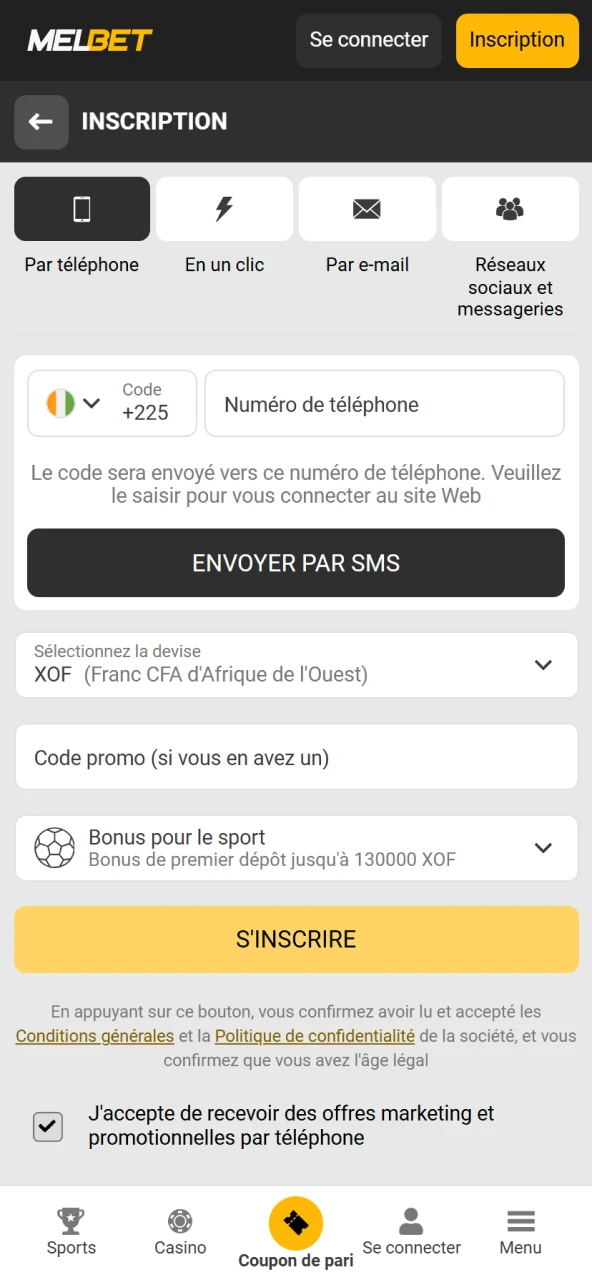 Inscrivez-vous facilement sur le site officiel Melbet Côte d’Ivoire.