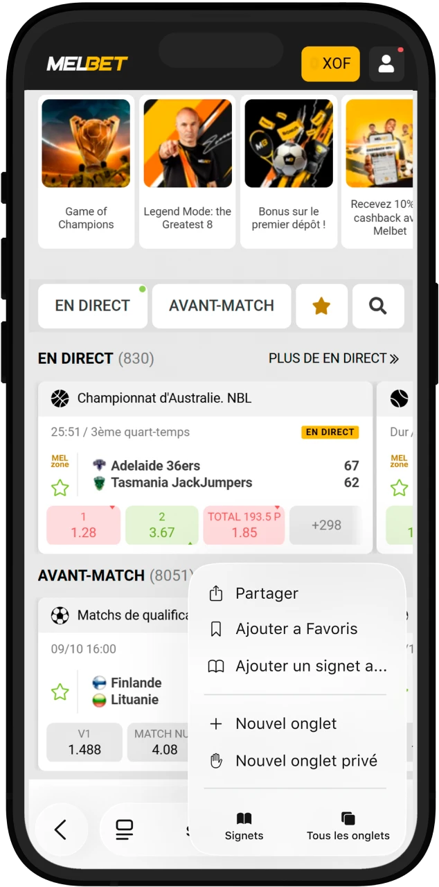 Cliquez sur le bouton d’installation pour iOS Appuyez sur le bouton iOS sur le site original de Melbet.