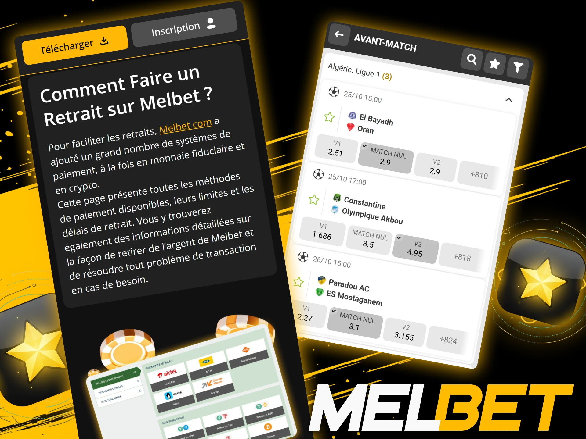 Application Melbet avec interface simple, large offre de paris pré-match et live, accès à un vaste casino avec live dealers, paiements sûrs et rapides, bonus réguliers et alertes en temps réel sur résultats et promos.
