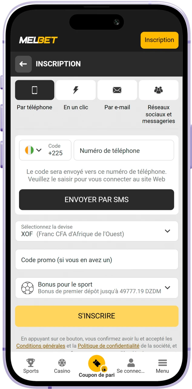 Créez votre compte sur le site officiel Melbet et remplissez vos informations personnelles pour commencer à jouer.
