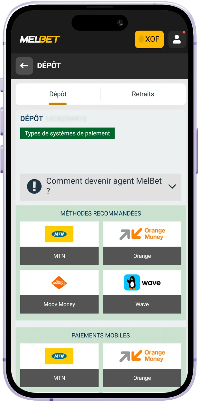 Ajoutez des fonds sur votre compte Melbet avec Wave, MTN, Orange Money, Moov ou crypto pour activer votre bonus.
