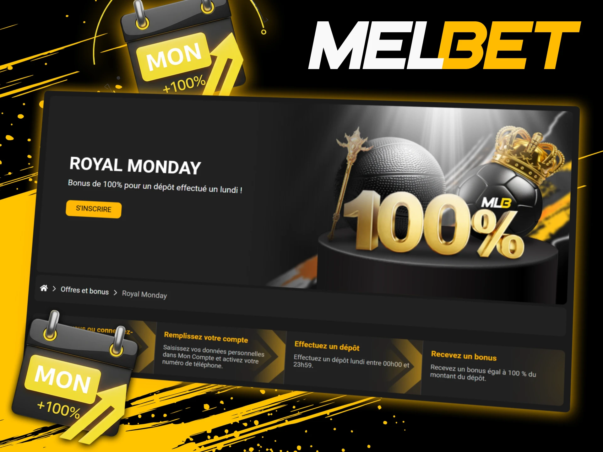 Profitez du bonus Lundi Melbet qui double votre dépôt en début de semaine sous réserve de profil complété et de mise sur des paris combinés dans un délai limité.