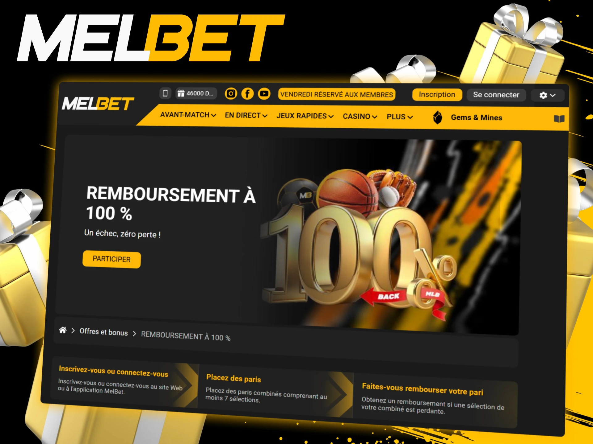 Bonus Melbet pour 100 paris en 30 jours créditant une somme égale à la mise moyenne des paris éligibles avec exigences de cote et de types de mises.