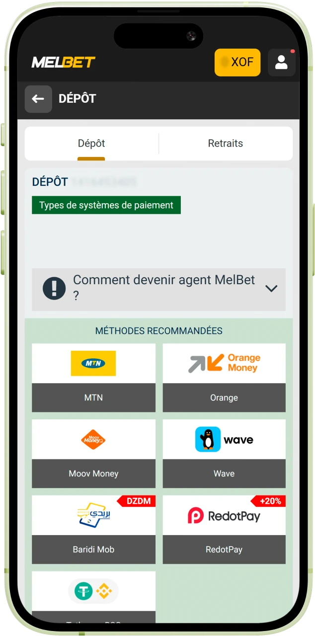 Ouvrez la page de dépôt Melbet pour ajouter des fonds à votre compte joueur.