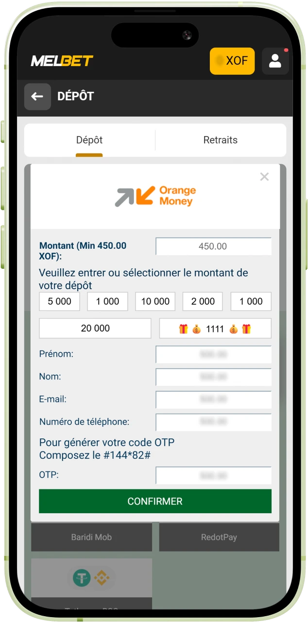Indiquez le montant du dépôt Melbet selon les limites minimales et maximales disponibles.