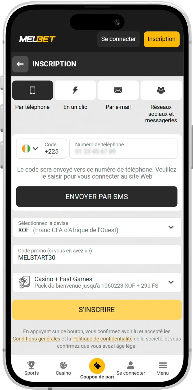 Créez votre compte et sélectionnez votre bonus sport ou casino sur Melbet Côte d’Ivoire.