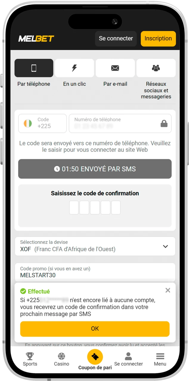 Finalisez l’inscription Melbet en confirmant votre numéro et préparez votre compte de jeu.