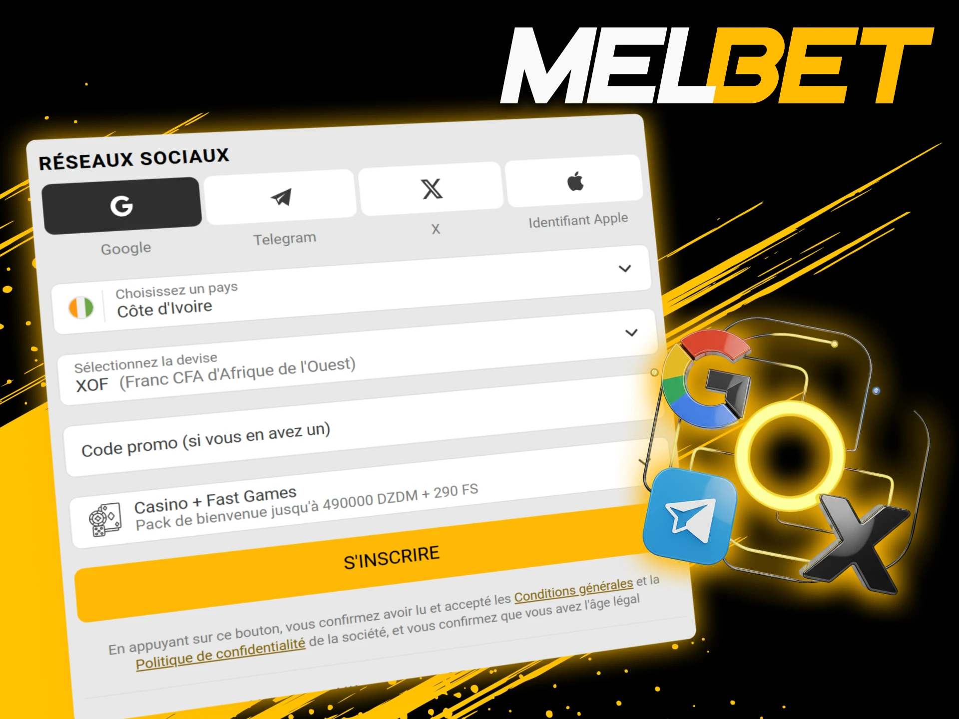 Inscrivez-vous sur Melbet via Google Telegram ou X en un clic.