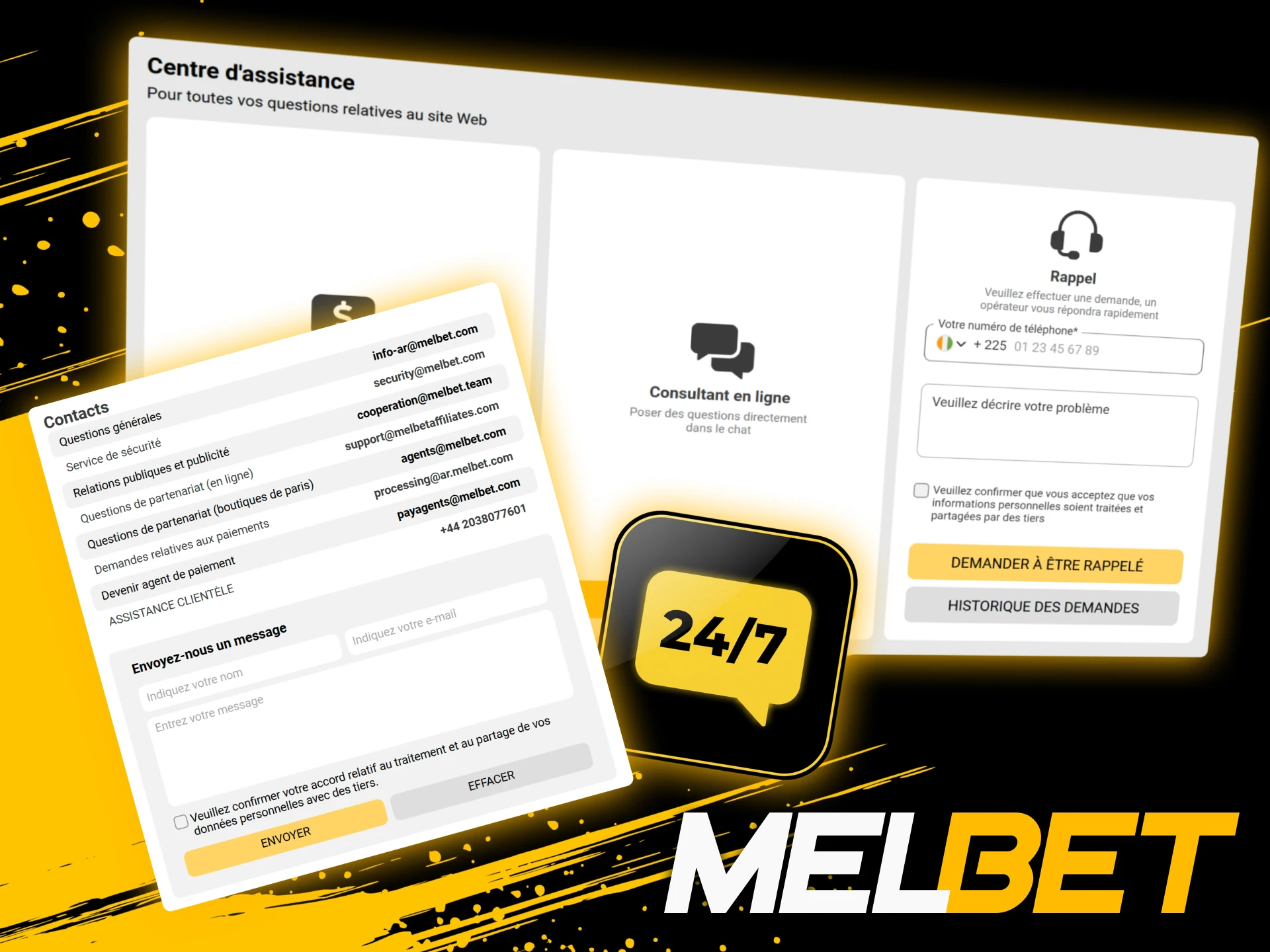 Service client Melbet CI disponible en continu pour aider les joueurs par chat email ou téléphone.