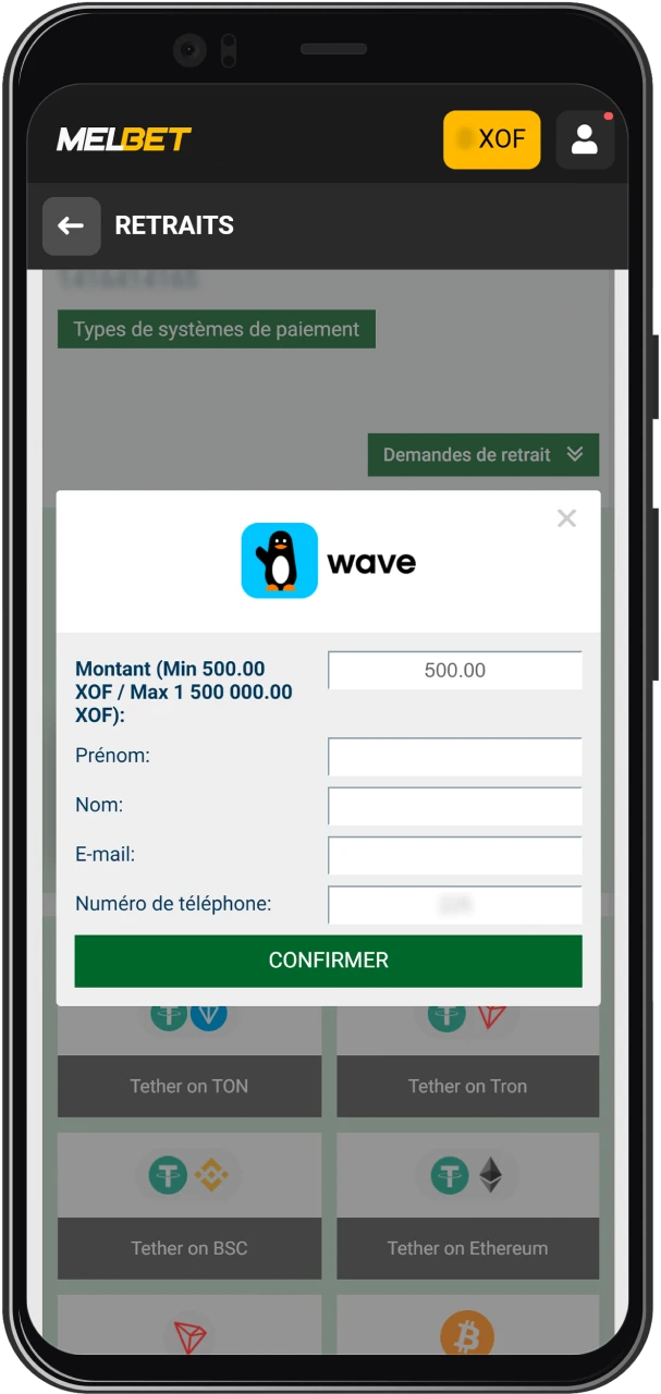 Dans la liste des méthodes disponibles, choisissez celle que vous souhaitez utiliser pour retirer vos fonds.