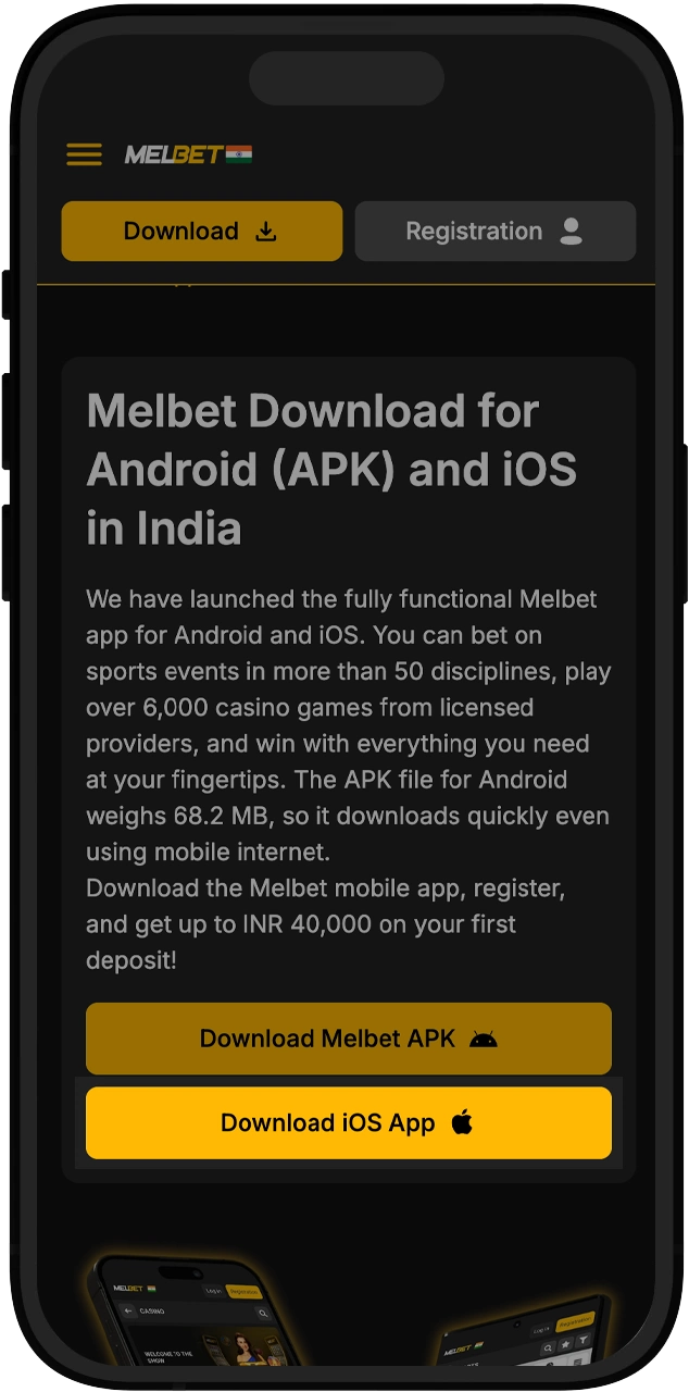 Initiate the process by selecting the dedicated Apple download link on the Melbet mobile page.