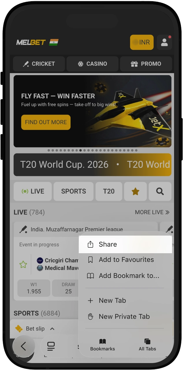 Use the browser's built-in sharing tool to start the Melbet PWA installation on your iPhone.