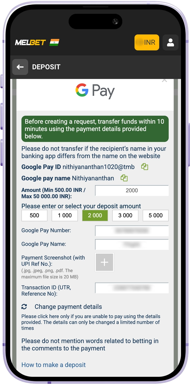 Enter your payment details and the desired amount to fund your Melbet account instantly.