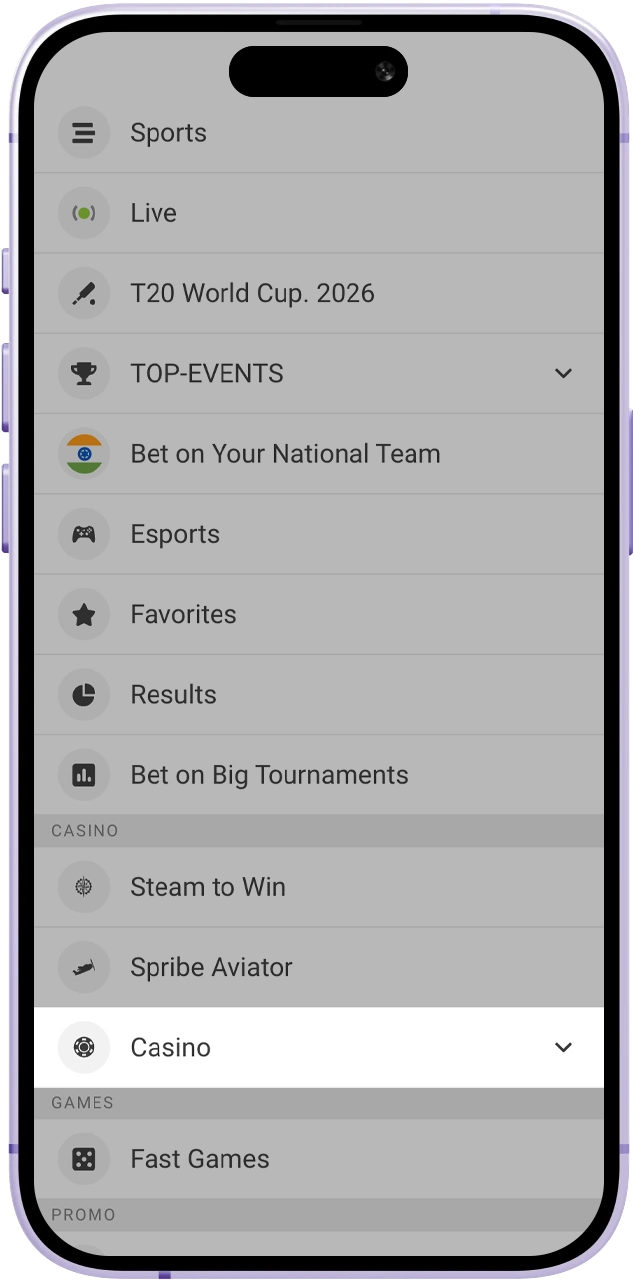 Navigate to the main Melbet navigation bar to find the casino and crash games section.
