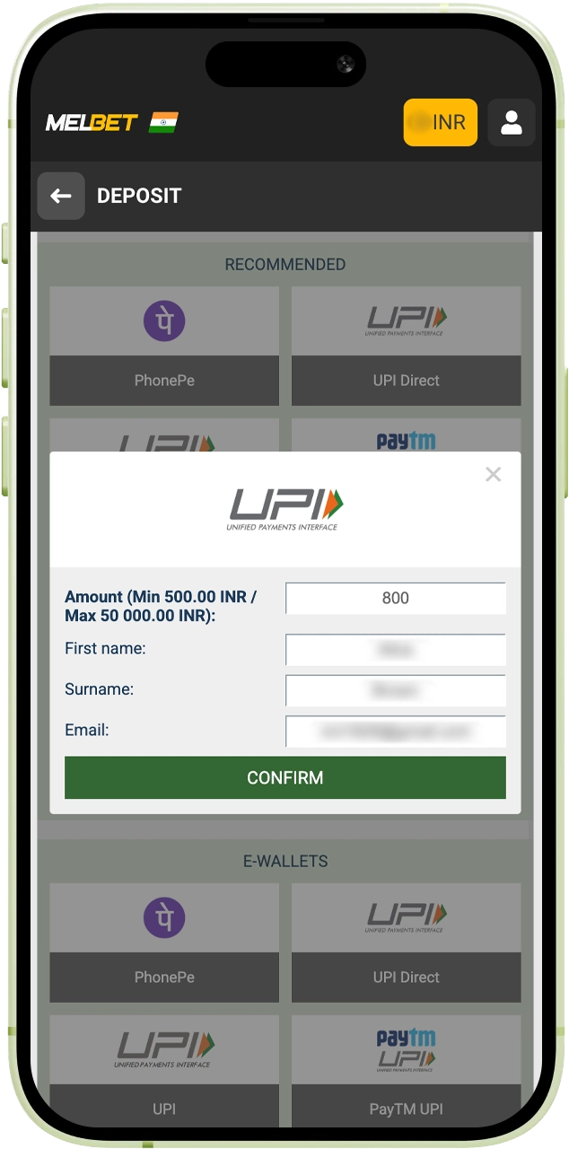 Type in the value you want to credit to your Melbet betting wallet.