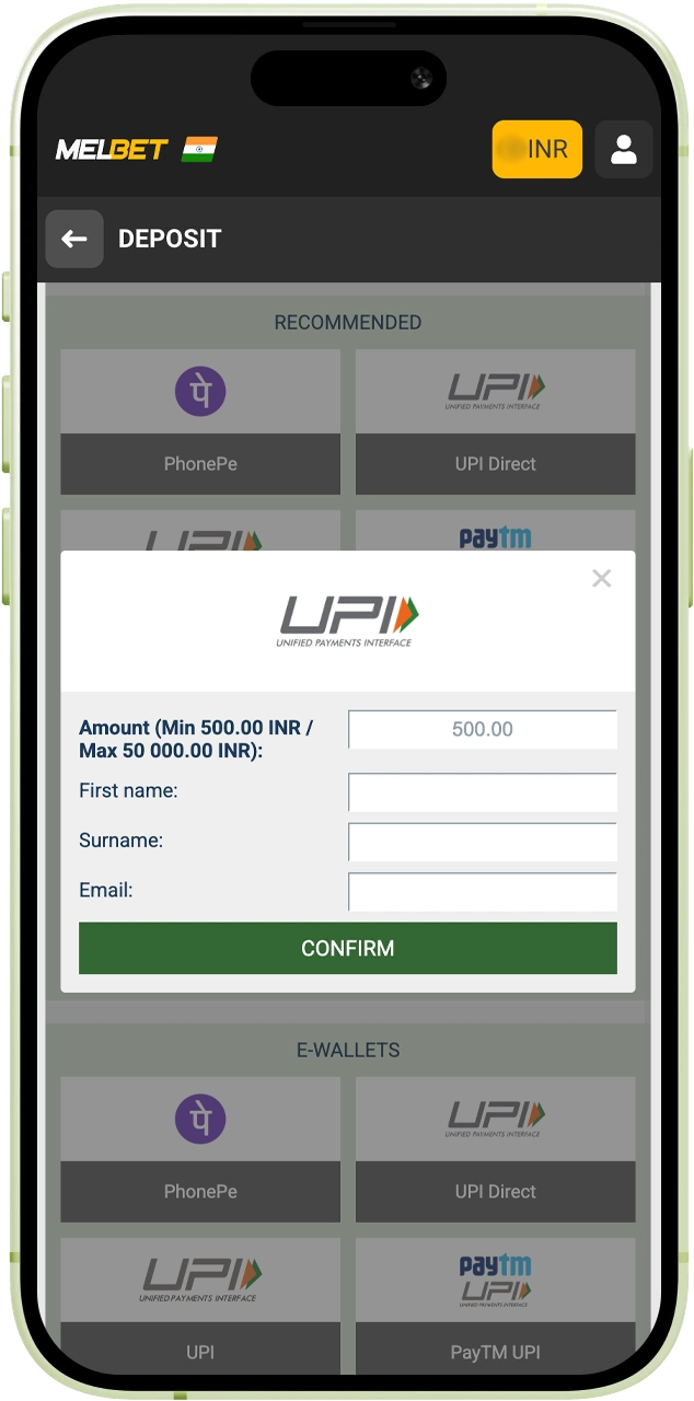 Pick a convenient payment provider like PhonePe, GPay, or Paytm on Melbet.
