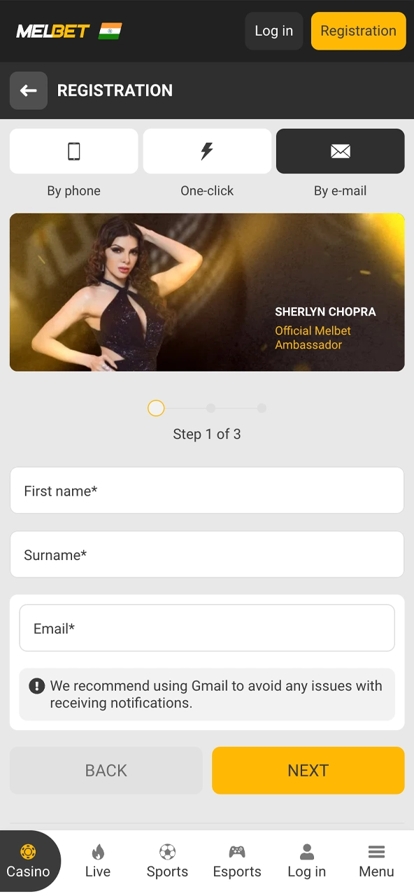 View the Melbet registration form where Indian players can sign up via one-click, phone, or email.