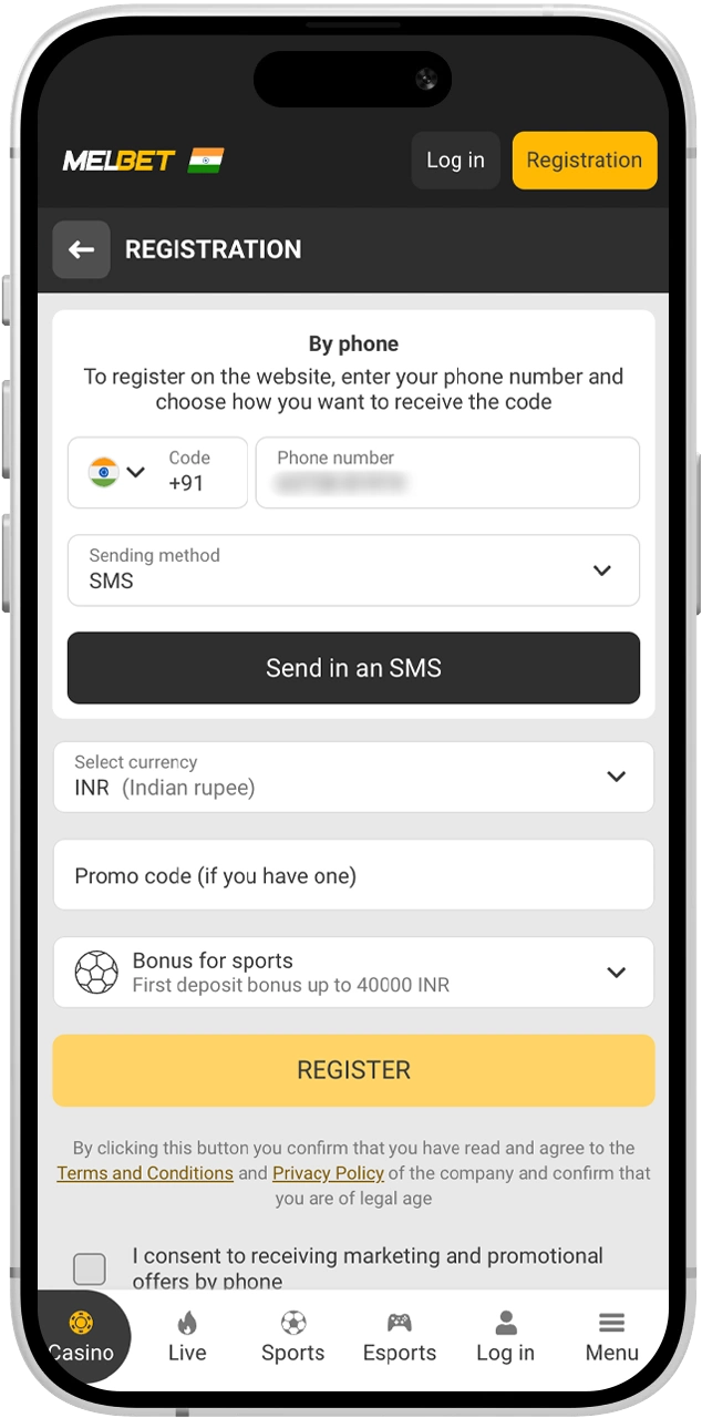 Add your basic information and select your preferred Melbet welcome offer.