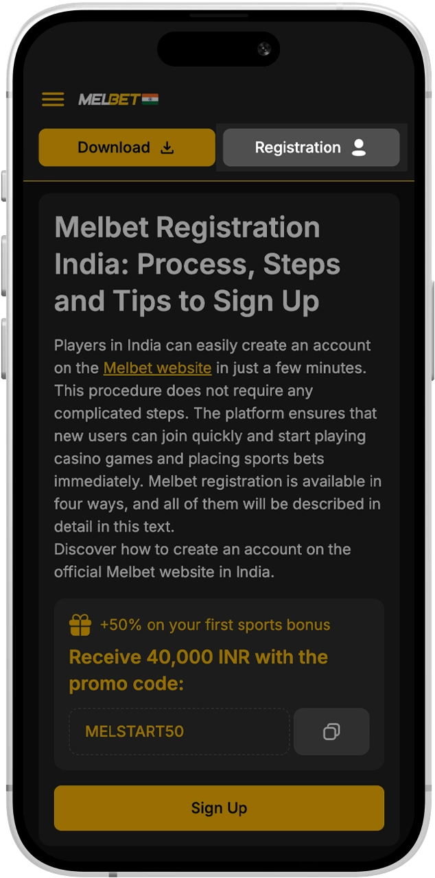 Click the registration button to open the Melbet sign-up portal for new Indian players.